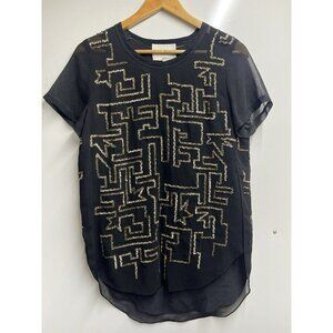 3.1 PHILLIP LIM SIZE 2 SMALL BLACK GOLD MAZE EMBROIDERED SEQUINS BLOUSE TOP